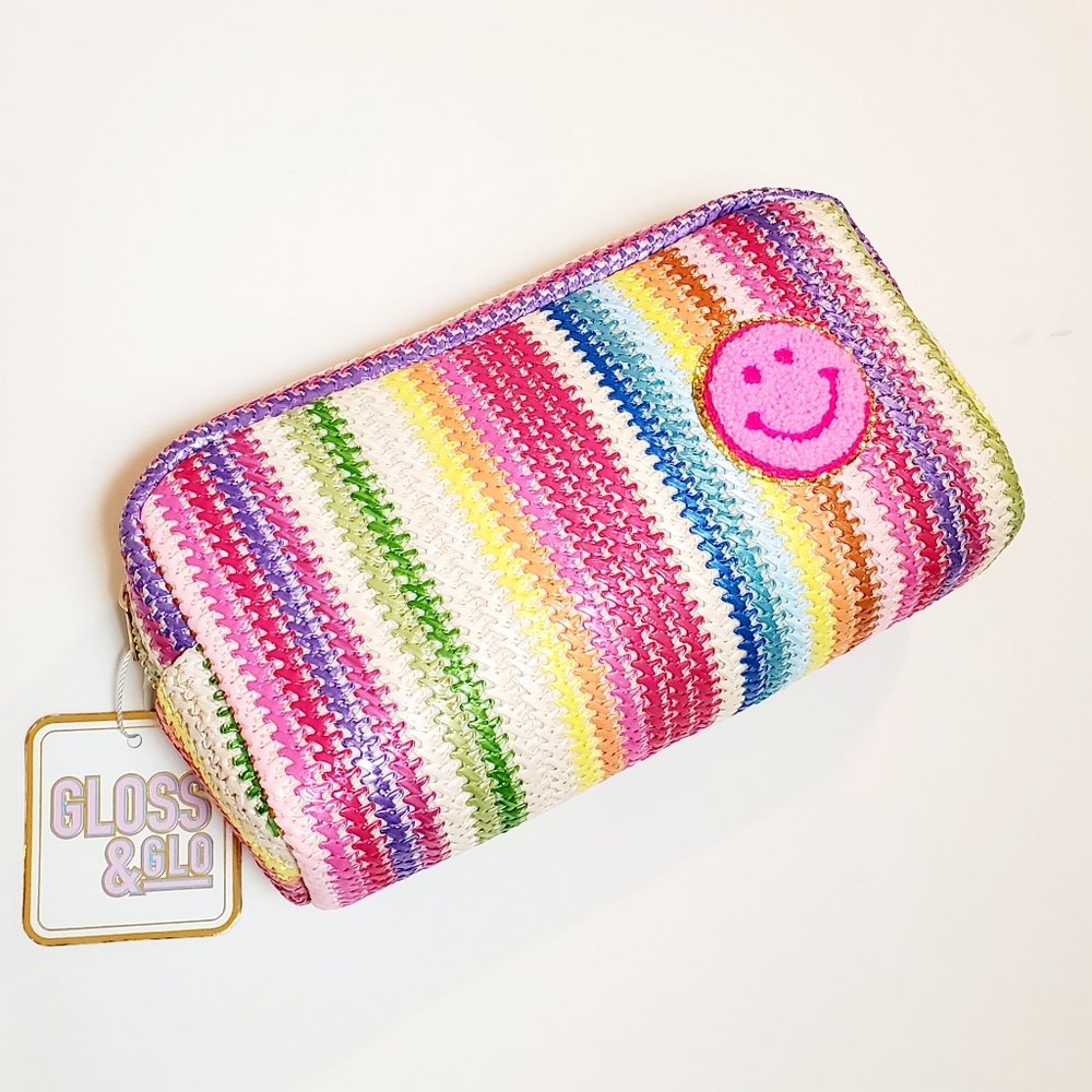 Gloss and Go Rainbow Smiley Face Raffia Pouch